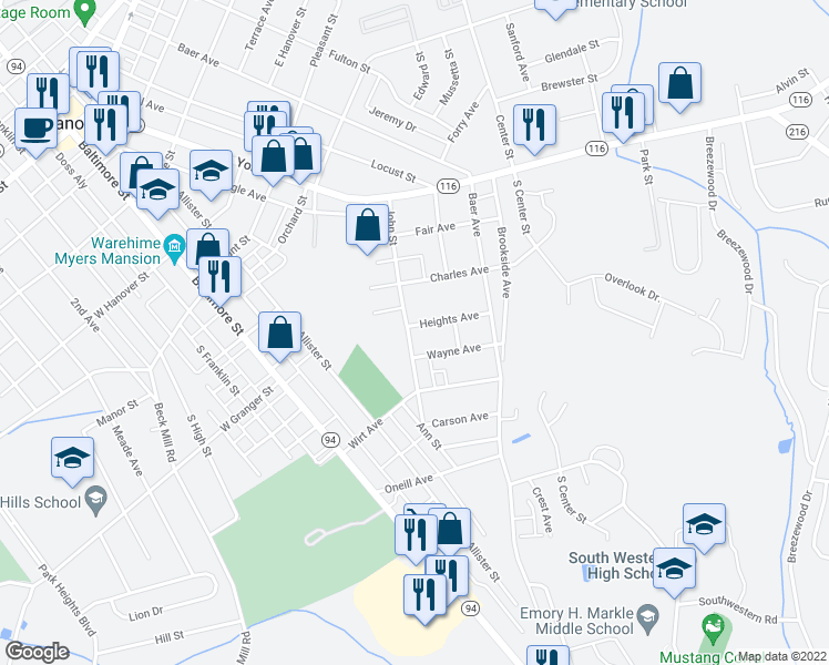 map of restaurants, bars, coffee shops, grocery stores, and more near 302 John Street in Hanover