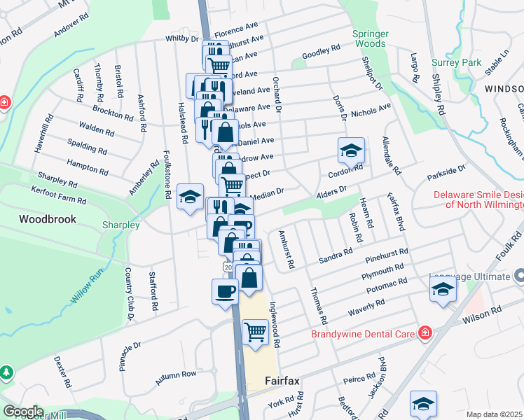 map of restaurants, bars, coffee shops, grocery stores, and more near 107 Alders Drive in Wilmington
