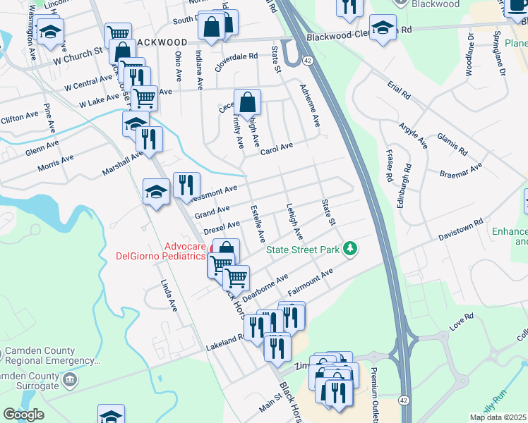 map of restaurants, bars, coffee shops, grocery stores, and more near 207 Drexel Avenue in Gloucester Township