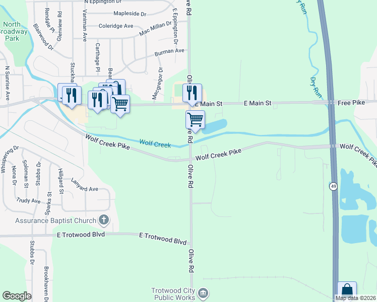 map of restaurants, bars, coffee shops, grocery stores, and more near 2979 Olive Road in Dayton