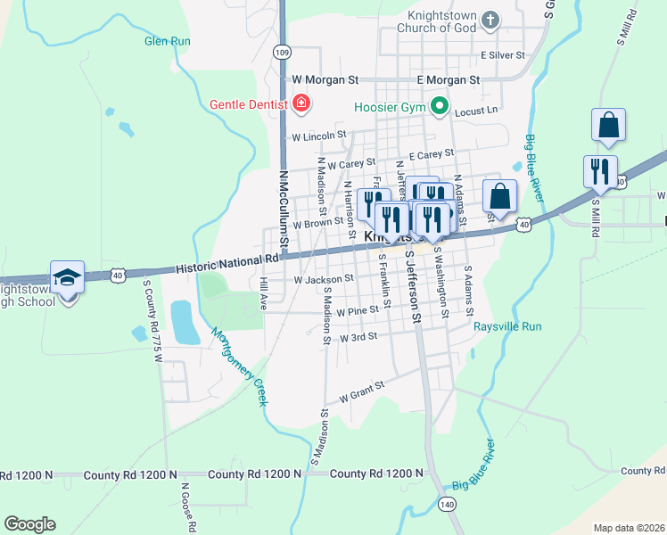 map of restaurants, bars, coffee shops, grocery stores, and more near 23 South Madison Street in Knightstown
