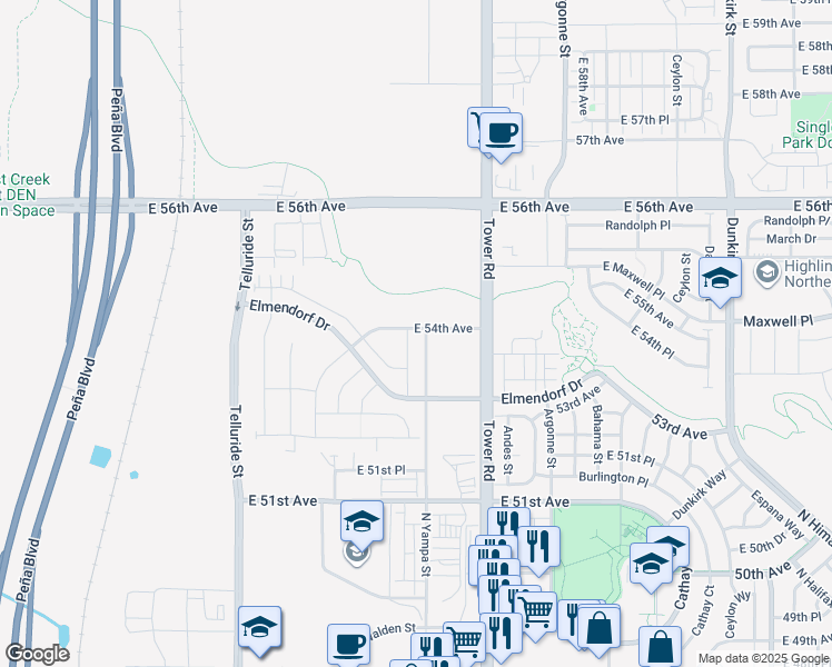 map of restaurants, bars, coffee shops, grocery stores, and more near 5398 Walden Street in Denver