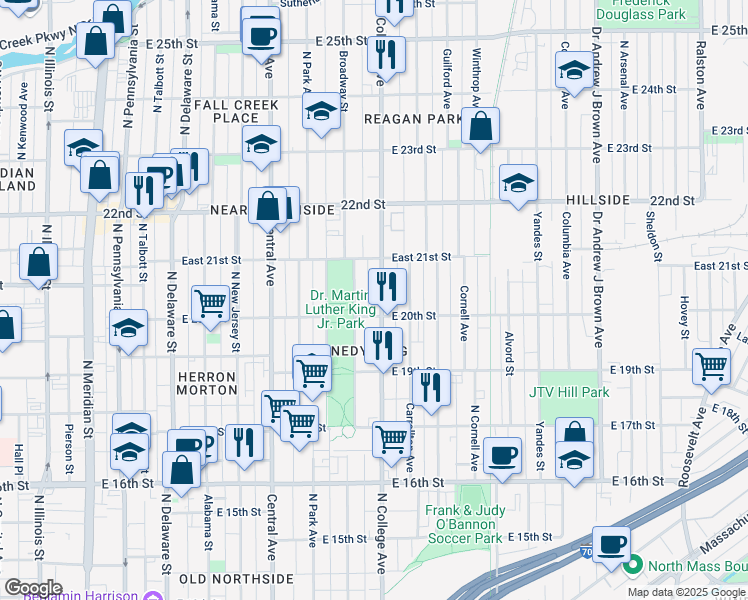 map of restaurants, bars, coffee shops, grocery stores, and more near 2038 North College Avenue in Indianapolis