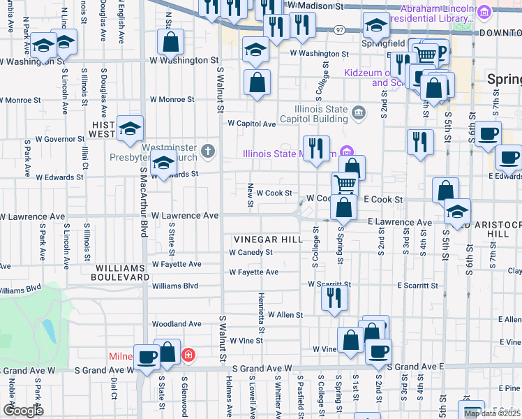 map of restaurants, bars, coffee shops, grocery stores, and more near 501 West Lawrence Avenue in Springfield