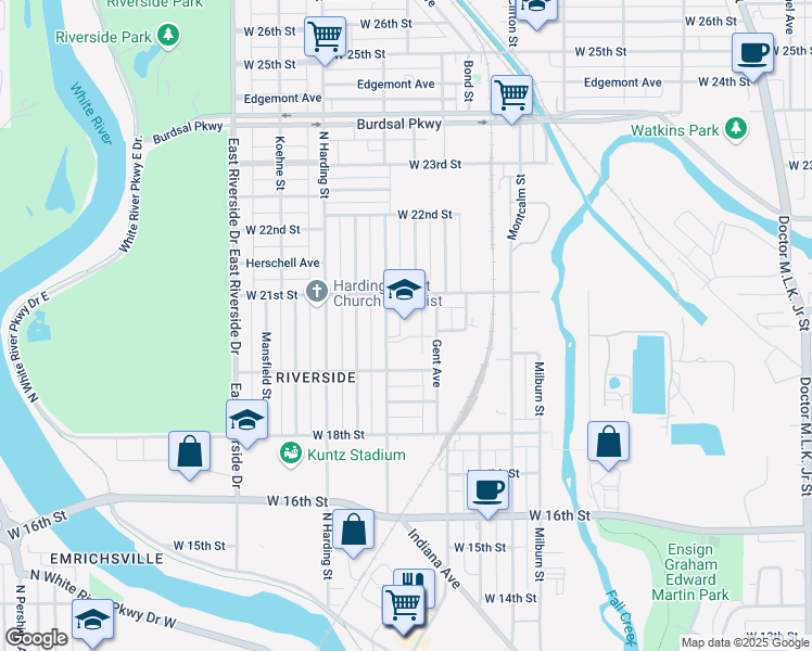 map of restaurants, bars, coffee shops, grocery stores, and more near 2033 Sugar Grove Avenue in Indianapolis
