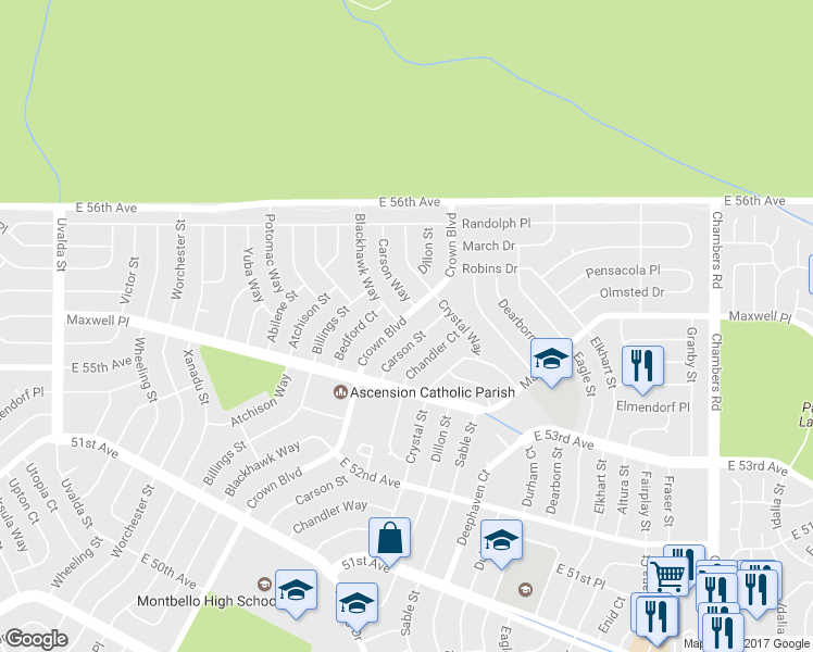 map of restaurants, bars, coffee shops, grocery stores, and more near 5546 Crown Boulevard in Denver