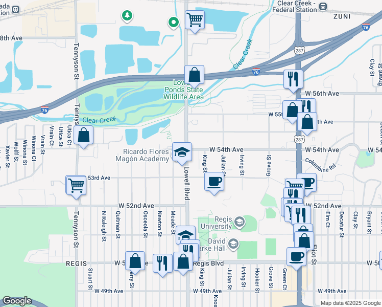 map of restaurants, bars, coffee shops, grocery stores, and more near 5400 Lowell Boulevard in Denver