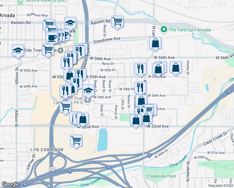 map of restaurants, bars, coffee shops, grocery stores, and more near 6740 West 54th Place in Arvada