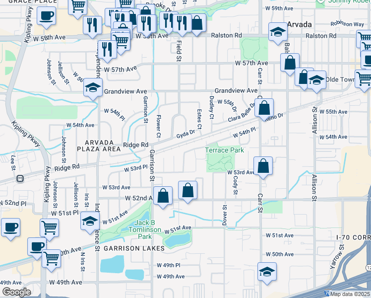 map of restaurants, bars, coffee shops, grocery stores, and more near 8940 Gyda Drive in Arvada