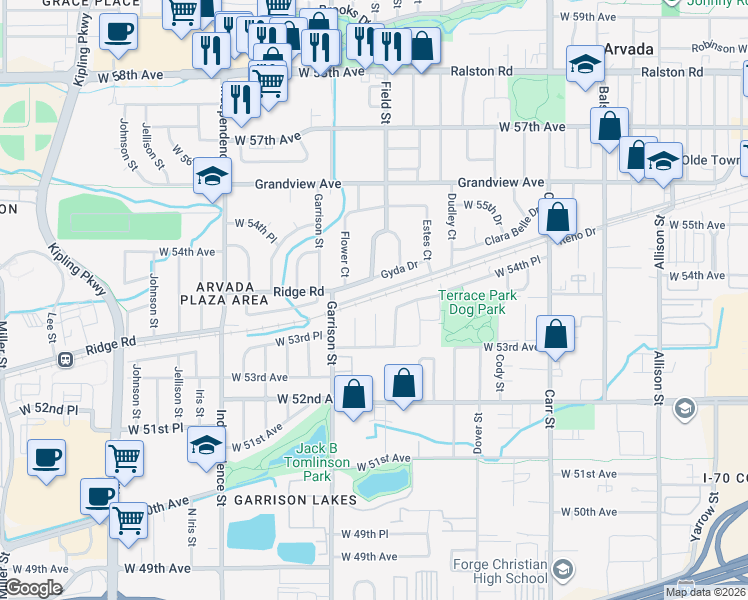map of restaurants, bars, coffee shops, grocery stores, and more near in Arvada