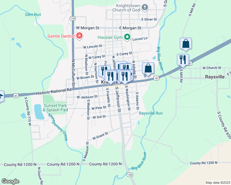 map of restaurants, bars, coffee shops, grocery stores, and more near in Knightstown