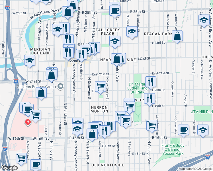 map of restaurants, bars, coffee shops, grocery stores, and more near 2042 North New Jersey Street in Indianapolis