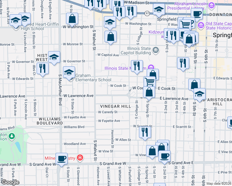 map of restaurants, bars, coffee shops, grocery stores, and more near 460 West Cook Street in Springfield