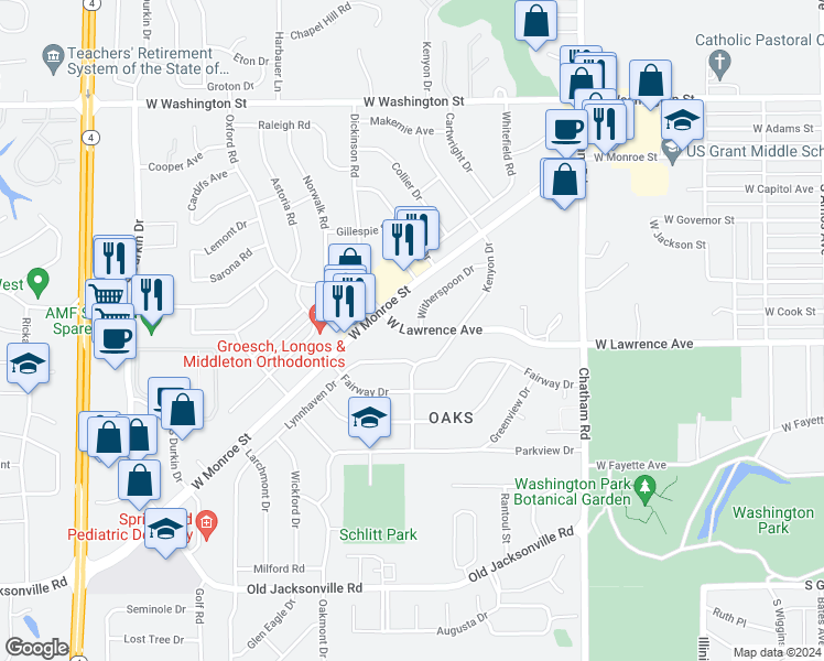 map of restaurants, bars, coffee shops, grocery stores, and more near 2301-2399 W Lawrence Ave in Springfield