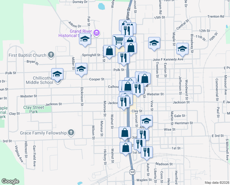 map of restaurants, bars, coffee shops, grocery stores, and more near 900-998 Calhoun Street in Chillicothe