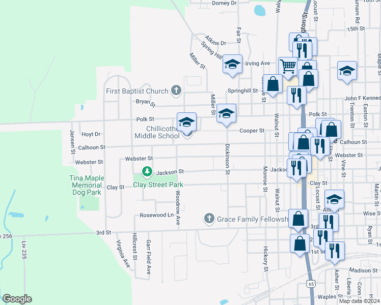 map of restaurants, bars, coffee shops, grocery stores, and more near 1400-1580 Calhoun Street in Chillicothe