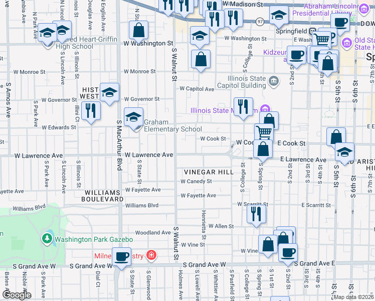 map of restaurants, bars, coffee shops, grocery stores, and more near 617 West Lawrence Avenue in Springfield
