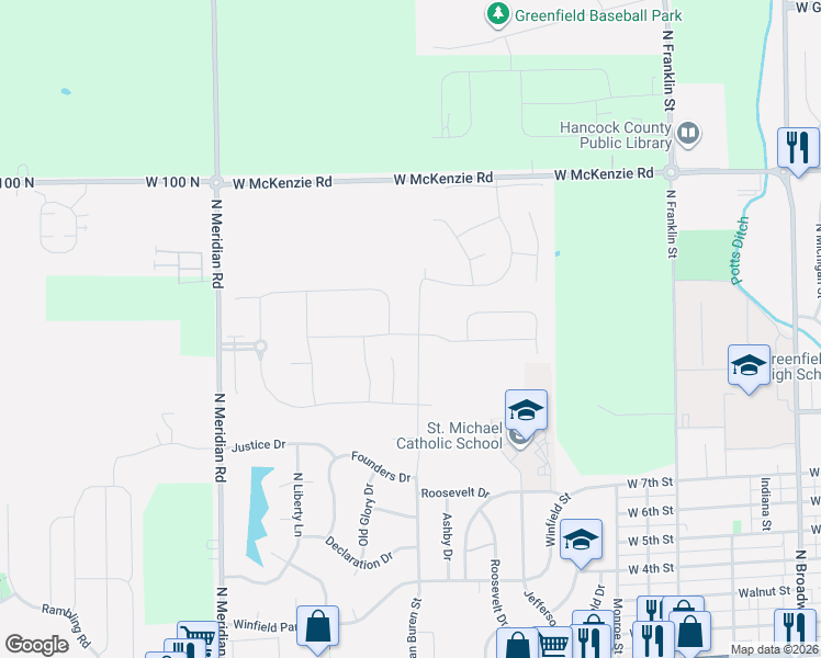 map of restaurants, bars, coffee shops, grocery stores, and more near 710 Van Buren Street in Greenfield