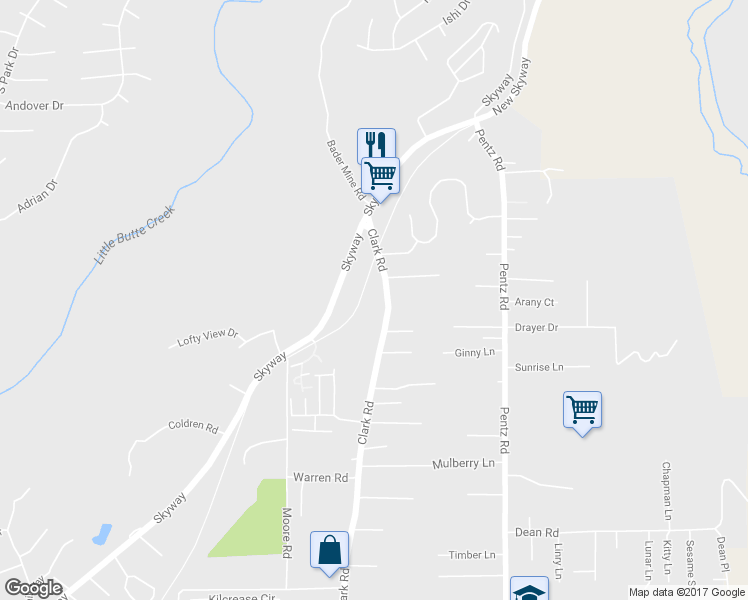 map of restaurants, bars, coffee shops, grocery stores, and more near 7191 Clark Road in Paradise