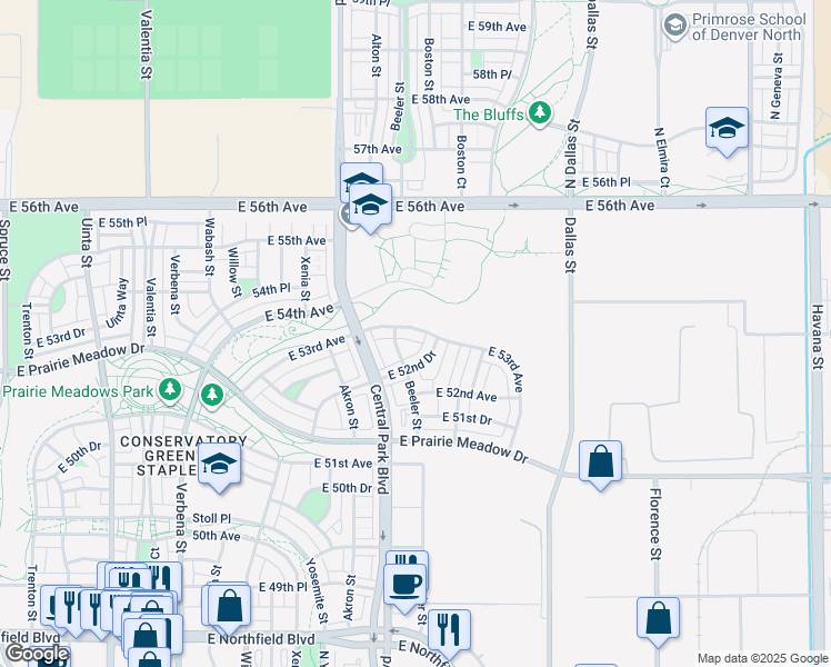 map of restaurants, bars, coffee shops, grocery stores, and more near 9230 East 53rd Avenue in Denver