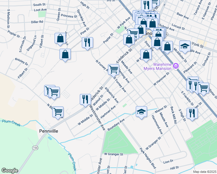 map of restaurants, bars, coffee shops, grocery stores, and more near 543 West Walnut Street in Hanover