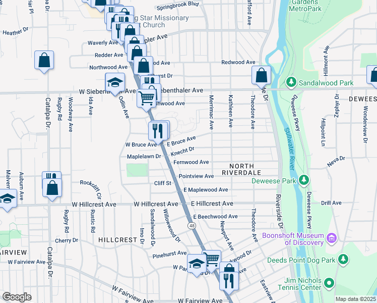 map of restaurants, bars, coffee shops, grocery stores, and more near 50 Knecht Drive in Dayton