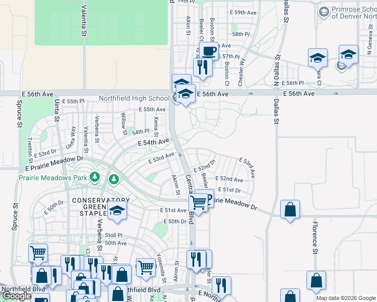 map of restaurants, bars, coffee shops, grocery stores, and more near 9122 East 53rd Avenue in Denver