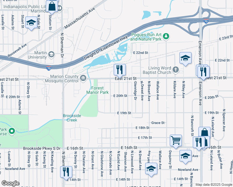 map of restaurants, bars, coffee shops, grocery stores, and more near 2021 North Colorado Avenue in Indianapolis