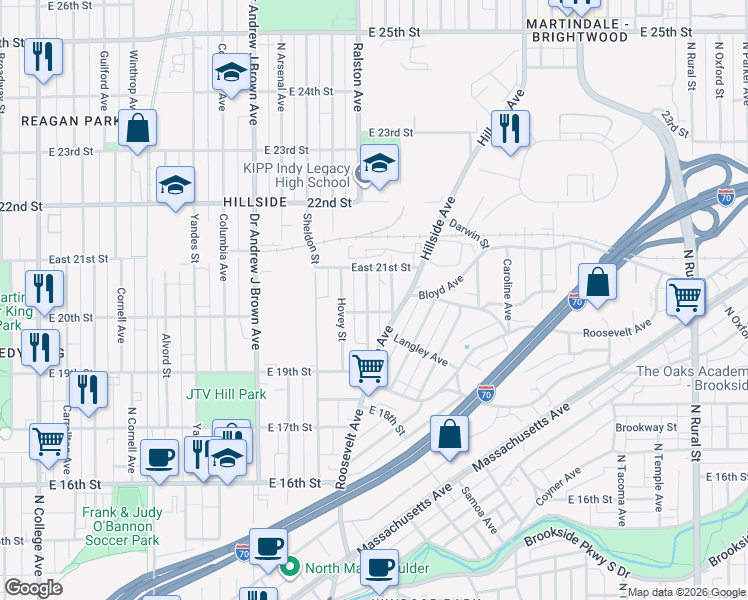 map of restaurants, bars, coffee shops, grocery stores, and more near 2026 Tipton Street in Indianapolis