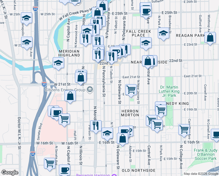 map of restaurants, bars, coffee shops, grocery stores, and more near 115 East 21st Street in Indianapolis