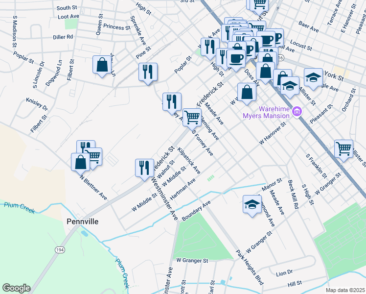 map of restaurants, bars, coffee shops, grocery stores, and more near 543 West Walnut Street in Hanover