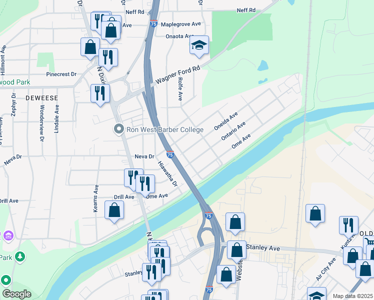 map of restaurants, bars, coffee shops, grocery stores, and more near 2429 Oneida Avenue in Dayton