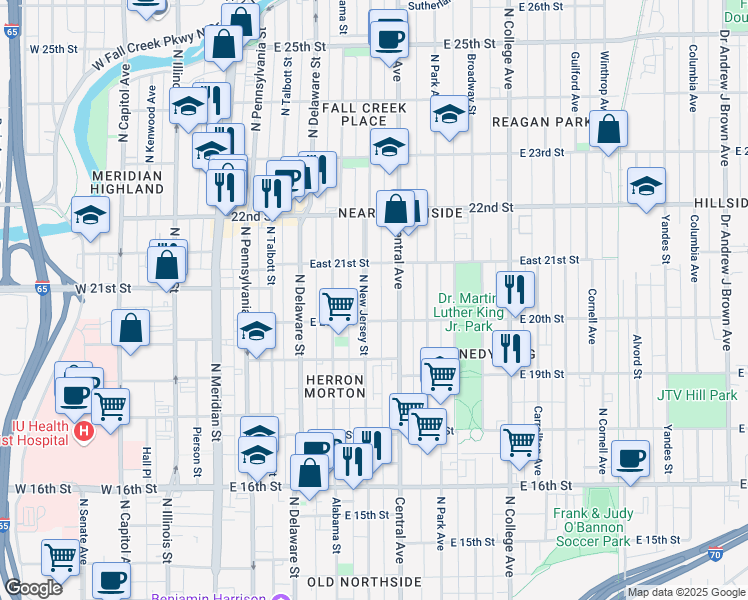 map of restaurants, bars, coffee shops, grocery stores, and more near 2042 North New Jersey Street in Indianapolis