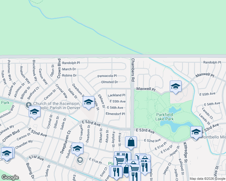 map of restaurants, bars, coffee shops, grocery stores, and more near 15004 Maxwell Place in Denver