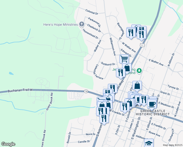 map of restaurants, bars, coffee shops, grocery stores, and more near 107 Moonlight Drive in Greencastle
