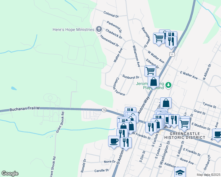 map of restaurants, bars, coffee shops, grocery stores, and more near 107 Moonlight Drive in Greencastle