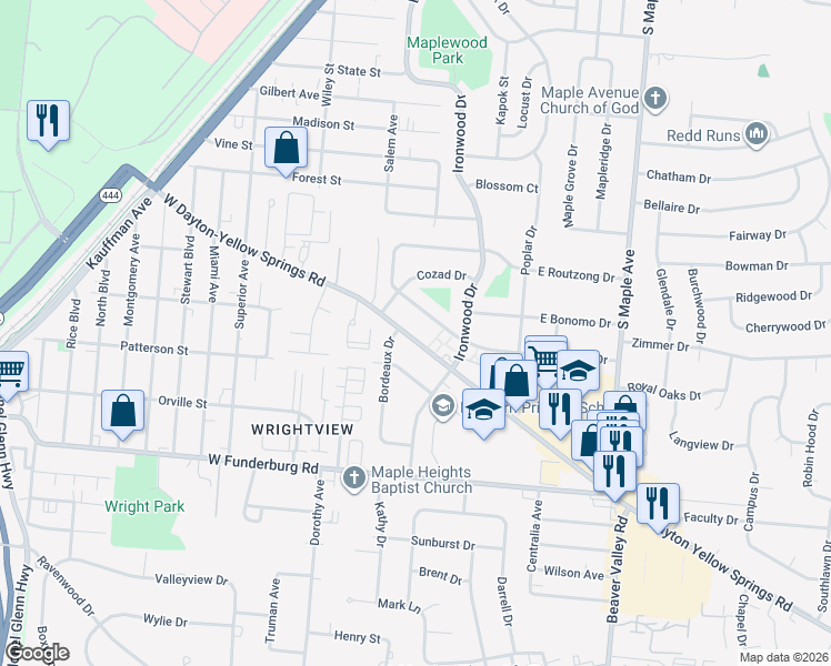 map of restaurants, bars, coffee shops, grocery stores, and more near 141 West Dayton-Yellow Springs Road in Fairborn