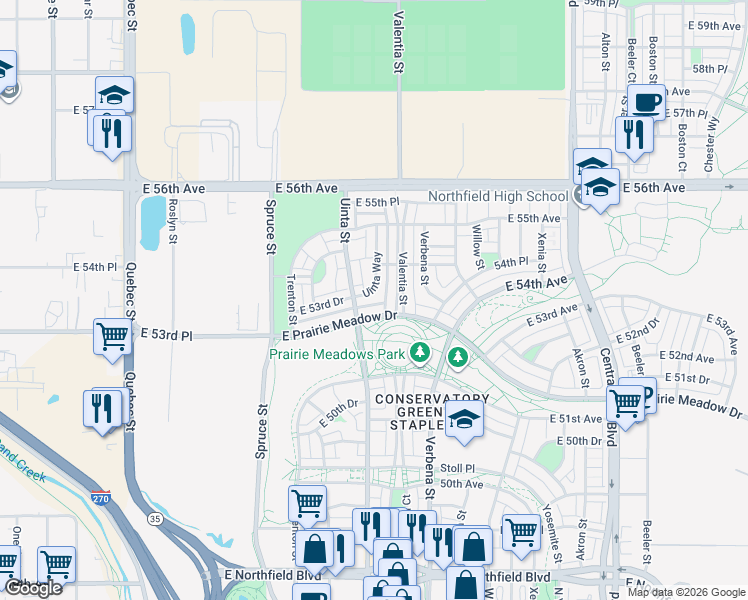 map of restaurants, bars, coffee shops, grocery stores, and more near 5394 Uinta Street in Denver