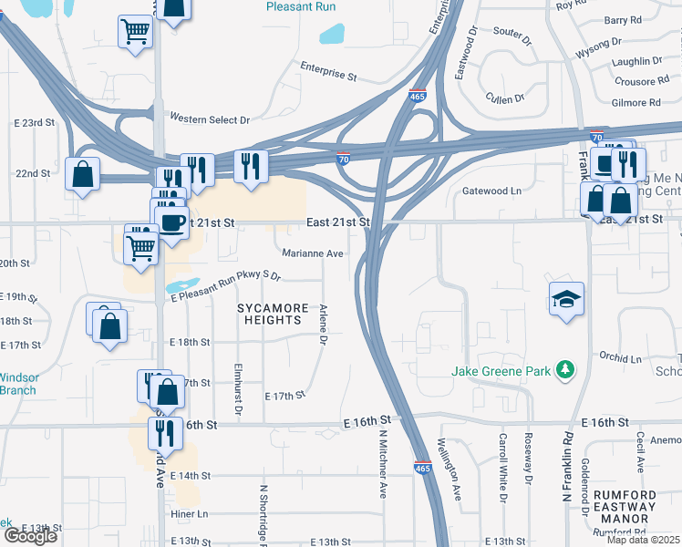 map of restaurants, bars, coffee shops, grocery stores, and more near 7425 Marianne Avenue in Indianapolis