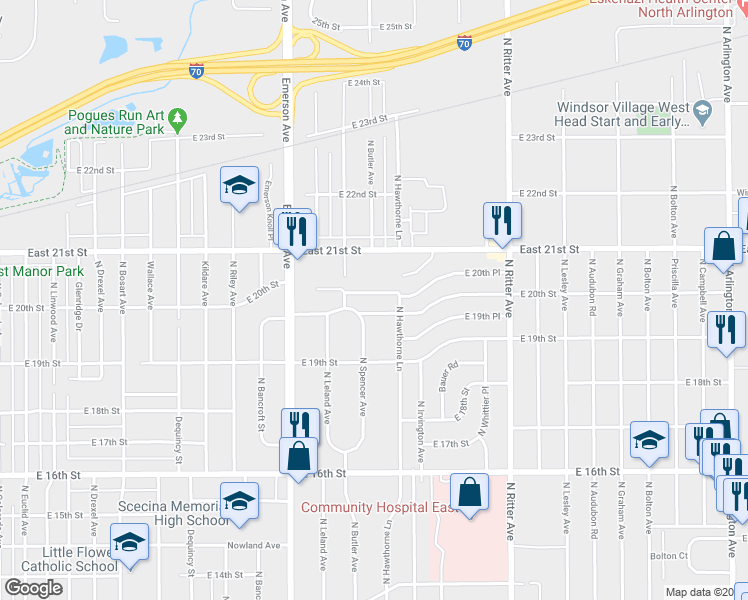 map of restaurants, bars, coffee shops, grocery stores, and more near 5242 North Hawthorne Lane in Indianapolis