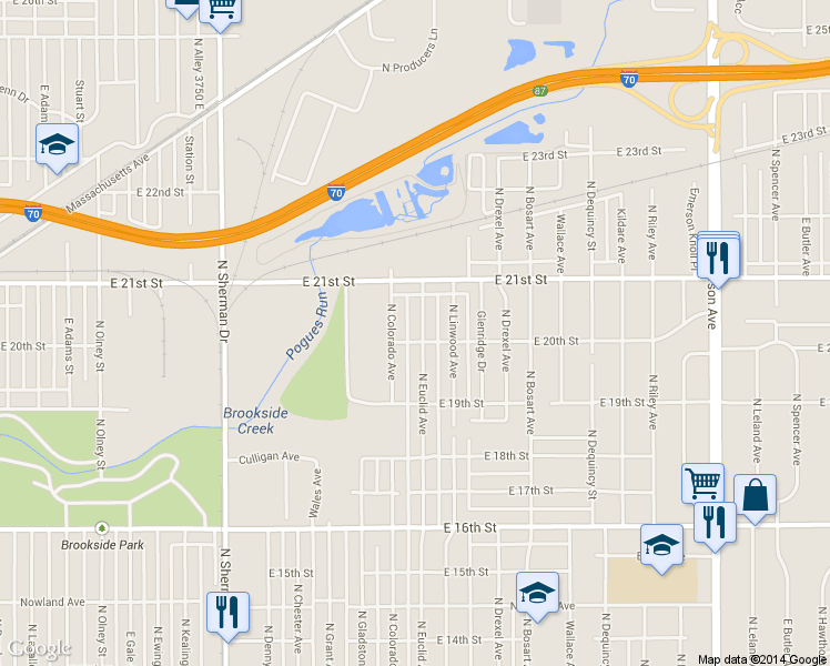 map of restaurants, bars, coffee shops, grocery stores, and more near 2021 North Colorado Avenue in Indianapolis