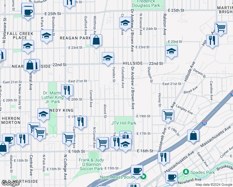 map of restaurants, bars, coffee shops, grocery stores, and more near 2041 Yandes Street in Indianapolis