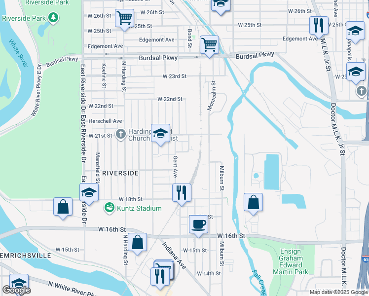 map of restaurants, bars, coffee shops, grocery stores, and more near 2030 Rembrandt Street in Indianapolis