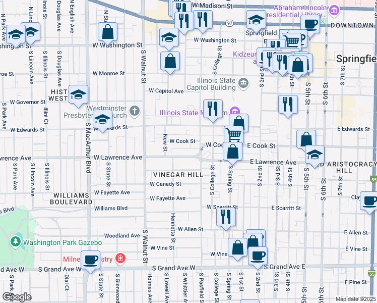 map of restaurants, bars, coffee shops, grocery stores, and more near 426 West Cook Street in Springfield