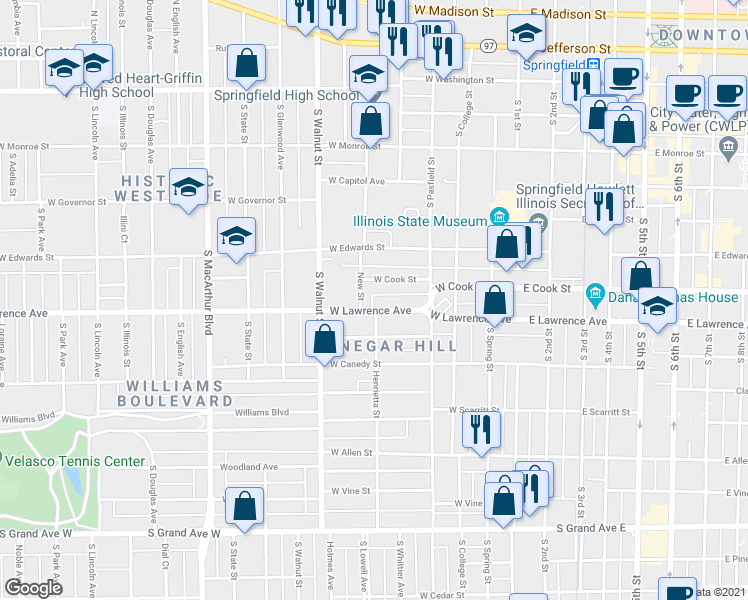 map of restaurants, bars, coffee shops, grocery stores, and more near 460 West Cook Street in Springfield