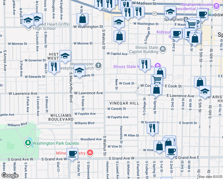 map of restaurants, bars, coffee shops, grocery stores, and more near 703 New Street in Springfield