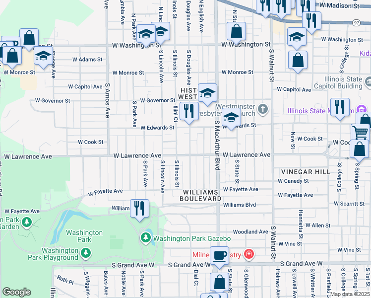 map of restaurants, bars, coffee shops, grocery stores, and more near 700 South Illinois Street in Springfield