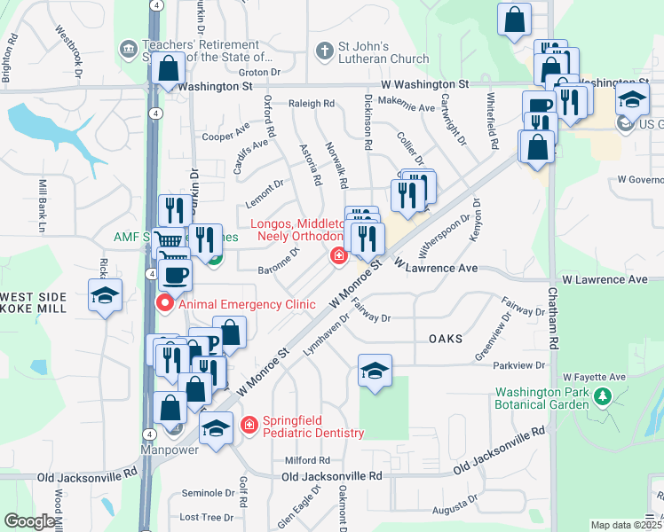 map of restaurants, bars, coffee shops, grocery stores, and more near 2520 Farragut Drive in Springfield