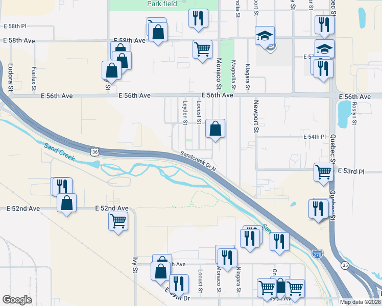 map of restaurants, bars, coffee shops, grocery stores, and more near 6330 East 54th Avenue in Commerce City