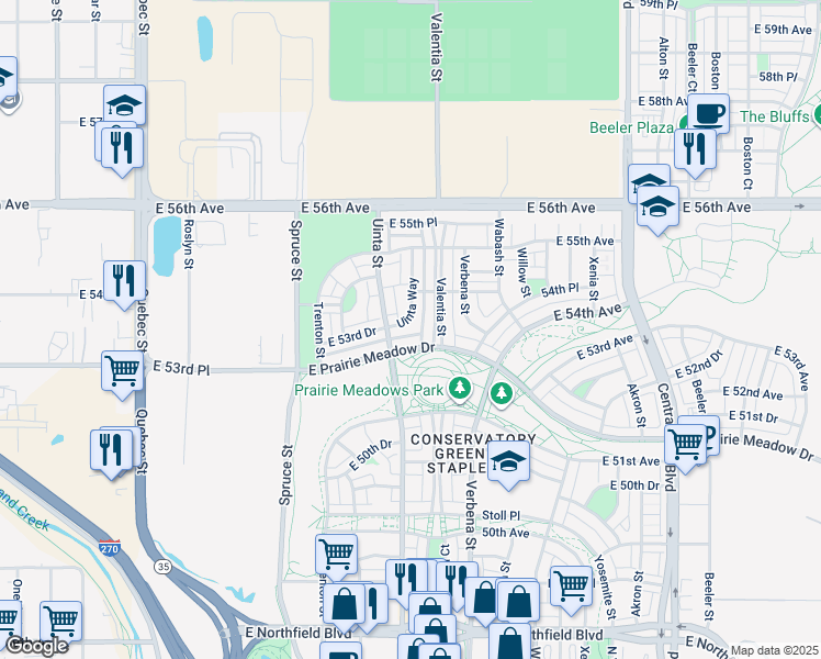 map of restaurants, bars, coffee shops, grocery stores, and more near 5394 Uinta Street in Denver
